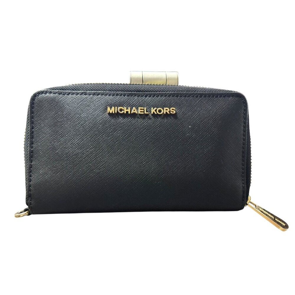 Michael‎ Kors Black Saffiano Leather Zip-Around Wallet With Gold-Tone Hardware